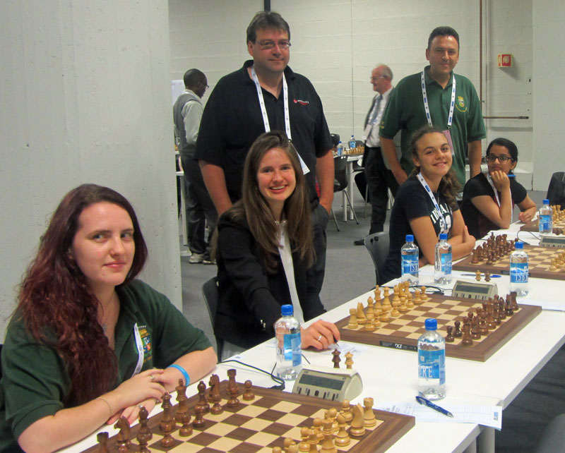 Women's Olympiad team: from left, Karina Kruk, Hannah Lowry-O'Reilly, Diana Mirza, Poornima Jayadev; standing: Gary O'Grady (captain) and Gabriel Mirza.