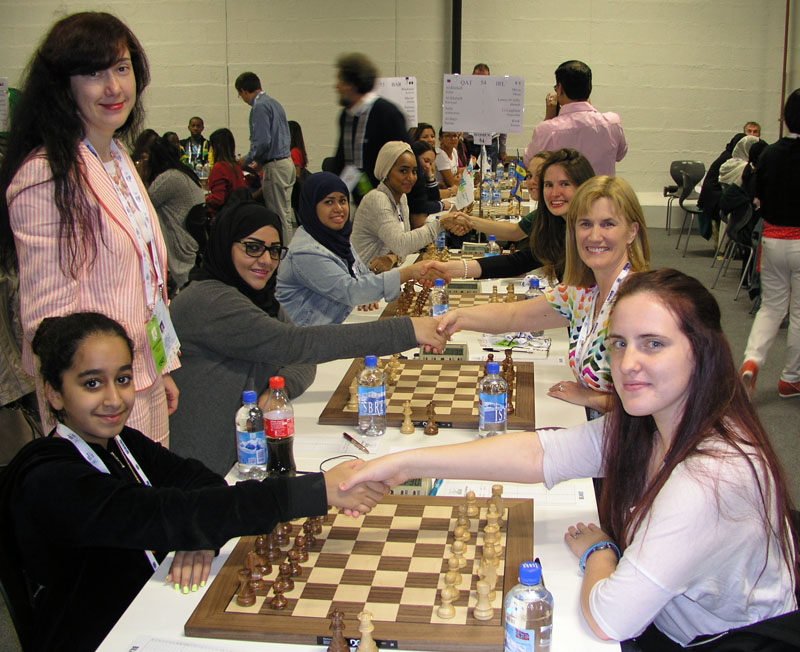 Olympiad, Women; Ireland versus Qatar; Karina Kruk, Gearóidín Uí Laighléis, Hannah Lowry O'Reilly and (slightly hidden) Diana Mirza